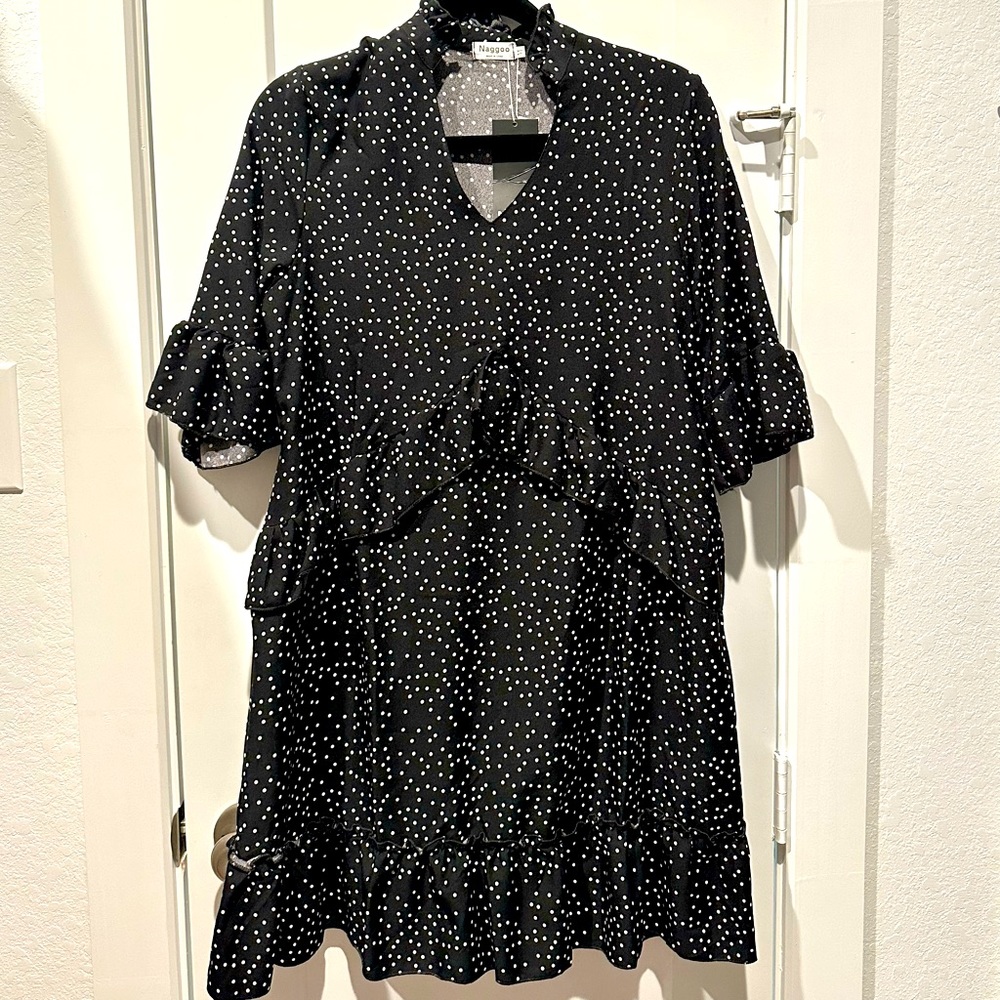 Ruffle V Neck Polka Dot Swing Dress with Pockets
